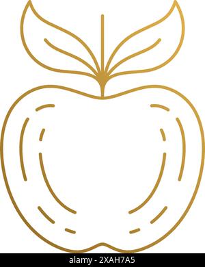 Illustration vectorielle simple du modèle d'emblème de style linéaire minimal de pomme mûre entière avec des feuilles dessinées à la main avec des lignes dorées Illustration de Vecteur