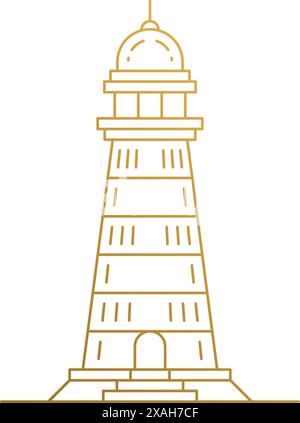 Illustration vectorielle simple du modèle d'emblème de style linéaire de la tour de phare traditionnelle donnant espoir aux marins dessinés à la main avec des lignes dorées Illustration de Vecteur