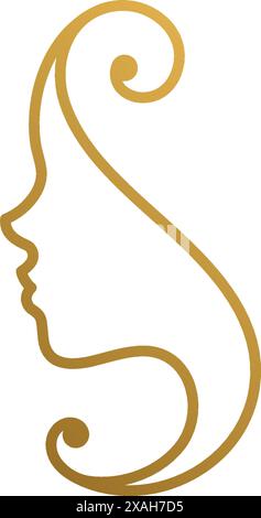 Illustration vectorielle minimale du modèle de conception de logo de style linéaire du profil féminin élégant avec des boucles dessinées à la main avec des lignes dorées Illustration de Vecteur
