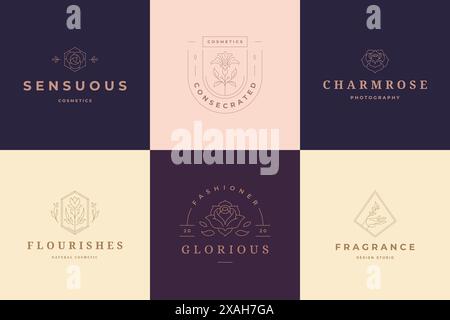 Logos de fleurs emblèmes modèles de conception ensemble avec des plantes botaniques et des illustrations vectorielles de rose style linéaire minimal. Décrire les symboles pour les cosmétiques et Illustration de Vecteur