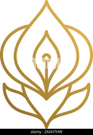 Illustration vectorielle minimale du modèle de conception d'emblème graphique de contour simple de fleur d'orchidée élégante dessinée à la main avec de fines lignes dorées Illustration de Vecteur