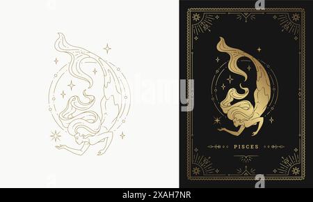 Zodiac Pisces Girl Character horoscope signe ligne d'art silhouette illustration vectorielle de conception. Belle femme comme zodiaque pisces symbole d'or avec cadre Illustration de Vecteur