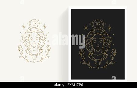 Zodiac Virgo horoscope signe ligne art silhouette illustration vectorielle de conception. Modèle d'emblème zodiaque vierge élégant décoratif créatif d'astrologie linéaire Illustration de Vecteur