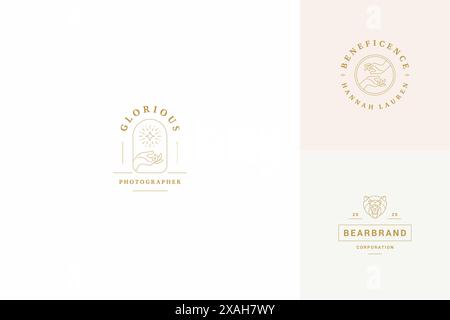 Ensemble de modèles de modèles de conception de logos de ligne vectorielle - illustrations mains gestuelles féminines style linéaire minimal simple. Graphiques de contour pour le soutien-gorge de salon de beauté Illustration de Vecteur