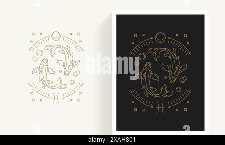 Zodiac pisces horoscope signe ligne art silhouette illustration vectorielle de conception. Décoratif créatif élégant astrologie linéaire zodiaque emblème de pisces templat Illustration de Vecteur