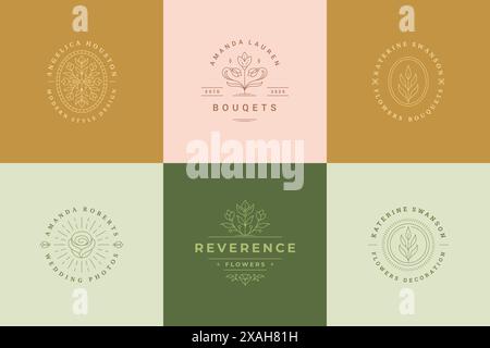 Logos de fleurs emblèmes modèles de conception ensemble avec des plantes botaniques et des illustrations vectorielles de rose style linéaire minimal. Décrire les symboles pour les cosmétiques et Illustration de Vecteur