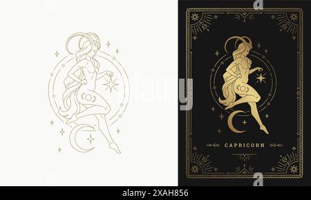 Zodiac capricorne fille horoscope signe ligne d'art silhouette dessin vectoriel. Belle femme comme symbole d'or capricorne avec cadre f Illustration de Vecteur