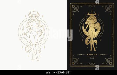 Zodiac taurus fille horoscope signe ligne d'art silhouette design illustration vectorielle. Belle femme comme symbole d'or de taurus zodiaque avec cadre Illustration de Vecteur