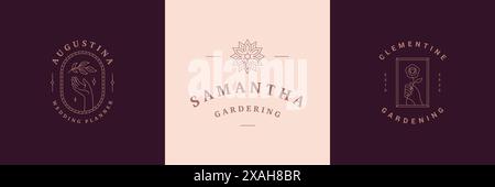 Fleurs logos emblèmes modèles de conception ensemble avec des plantes botaniques et des illustrations vectorielles roses style linéaire minimal. Décrire les symboles pour les cosmétiques et Illustration de Vecteur