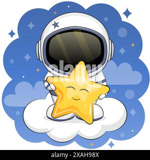 Mignon astronaute de dessin animé tient une étoile jaune et se tient debout sur un nuage. Illustration vectorielle de nuit sur un fond bleu. Illustration de Vecteur
