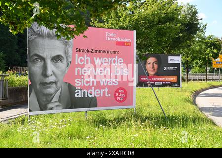 Wahlplakate der FDP und BSW zur Europawahl AM 9.Juni 2024 mit Marie Agnes Strack Zimmermann und Sahra Wagenknecht in Passau. *** Affiches électorales du FDP et de la BSW pour les élections européennes du 9 juin 2024 avec Marie Agnes Strack Zimmermann et Sahra Wagenknecht à Passau Banque D'Images