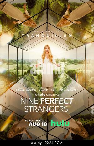 Nine Perfect Strangers (2021) série télévisée créée par John-Henry Butterworth et David E. Kelley et mettant en vedette Nicole Kidman, Melissa McCarthy et Michael Shannon. Neuf citadins stressés visitent un centre de santé et de bien-être boutique qui promet guérison et transformation. Le directeur de la station est une femme en mission de revigorer leurs esprits et corps fatigués. Affiche publicitaire ***USAGE ÉDITORIAL SEULEMENT***. Crédit : BFA / Hulu Banque D'Images