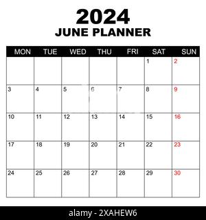 Calendrier de juin 2024. La semaine commence le lundi. Modèle de calendrier vierge. Convient aux pages au format lettre. Design de papeterie. Calendrier simple 2024. Mensuellement. Illustration de Vecteur