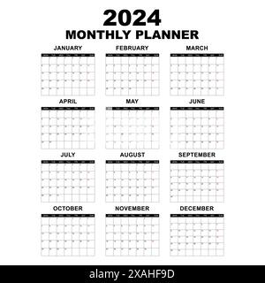 Modèle de calendrier mensuel pour l'année 2024. Calendrier mural dans un style minimaliste. La semaine commence le lundi. Planificateur pour 2024 année. Calendrier simple 2024. Illustration de Vecteur