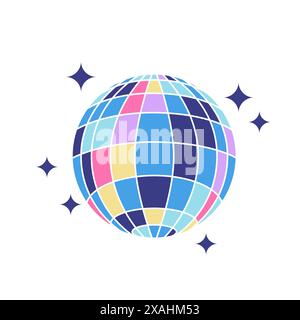 boule miroir des années 90. Objet dessiné à la main multicolore brillant. Illustration vectorielle dans un style plat tendance Illustration de Vecteur