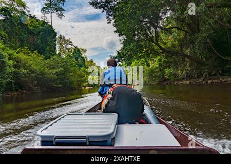 Pahang, Malaisie - 14 mai 2024 : touristes appréciant les bateaux à moteur Kuala Tahan Jetty dans le fleuve Tahan du parc national Taman Negara Banque D'Images