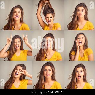 Bande dessinée, collage et portrait de femme en studio avec idiot, blague et expression faciale drôle. Personne folle, composite et féminine du Canada avec Dingo Banque D'Images