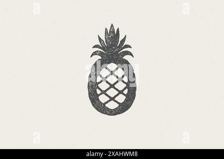 Silhouette d'ananas tropical pour des conceptions avec illustration vectorielle d'effet de timbre dessinée à la main de nourriture saine et biologique. Emblème de texture grunge vintage pour Illustration de Vecteur