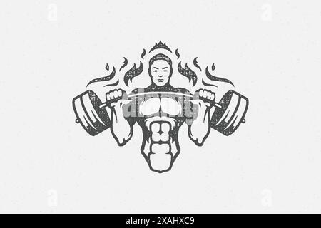 Illustration vectorielle forte de silhouette de barre de levage de bodybuilder. Homme musclé soulevant une barre lourde pendant l'entraînement d'haltérophilie dans le gymnase tiré à la main s. Illustration de Vecteur