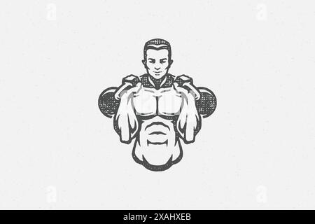 Sportif musclé avec illustration vectorielle de silhouette de kettlebells. Athlète masculin puissant s'exerçant avec des kettlebells pendant l'haltérophilie dans la main de gymnastique Illustration de Vecteur