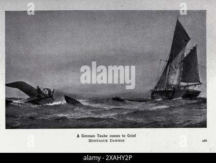 Un Taube allemand [Etrich Taube, un avion monoplan d'avant la première Guerre mondiale] vient à chagrin par Montague Dawson dans le livre Heroic Deeds of the British Navy in the Great War de Wheeler, Harold F. B. (Harold Felix Baker), publié Birmingham : ELD & Blackham Limited 1917 Banque D'Images