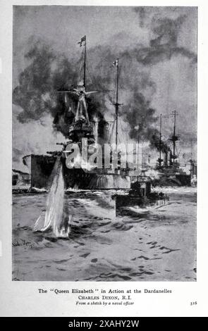 La reine Elizabeth en action aux Dardanelles par Charles Dixon extrait du livre Heroic Deeds of the British Navy in the Great War de Wheeler, Harold F. B. (Harold Felix Baker), publié Birmingham : ELD & Blackham Limited 1917 Banque D'Images