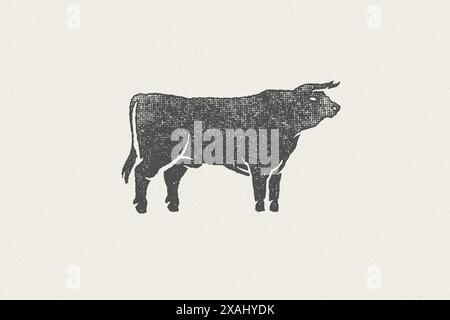 Grande silhouette de taureau pour l'illustration vectorielle d'effet de timbre dessinée à la main de l'industrie agricole domestique. Emblème de texture grunge vintage pour emballage de boucherie et Illustration de Vecteur