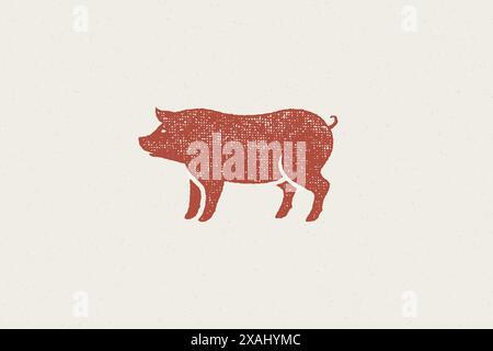 Silhouette de porc rouge pour l'industrie de la viande ou les agriculteurs marchent à la main illustration vectorielle d'effet de timbre dessinée. Emblème de texture grunge vintage pour packagi de boucherie Illustration de Vecteur