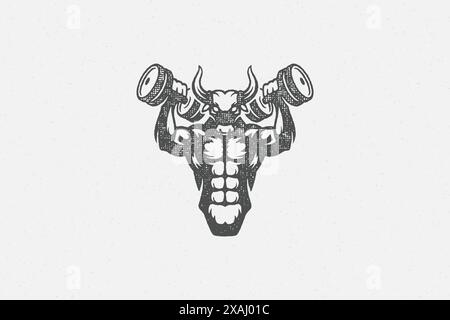 Silhouette de sportif avec tête de taureau soulevant des haltères illustration vectorielle. Athlète musclé soulevant de lourds haltères pendant l'haltérophilie tirée à la main Illustration de Vecteur