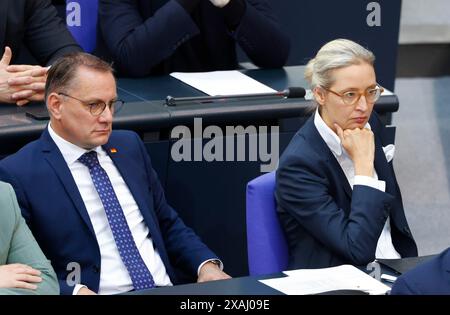 Alice Weidel, chef du groupe parlementaire AFD et Tino Chrupalla, président fédéral de l'AFD et chef du groupe parlementaire AFD, lors d'une session du Banque D'Images