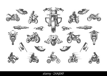 Silhouettes et icônes de motos vintage personnalisées isolées sur fond blanc vector illutracations set. Conducteur sur moto, moto, moteur réparations Illustration de Vecteur