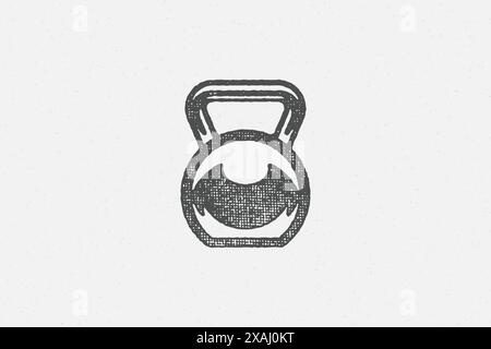 Silhouette de kettlebell lourde comme symbole de l'illustration vectorielle de timbre dessinée à la main d'entraînement d'haltérophilie. Texture grunge sur vieux papier pour affiche ou étiquette d Illustration de Vecteur