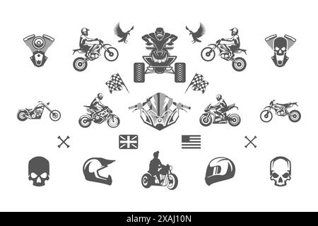 Silhouettes et icônes de motos vintage personnalisées isolées sur fond blanc vector illutracations set. Conducteur sur moto, moto, moteur réparations Illustration de Vecteur