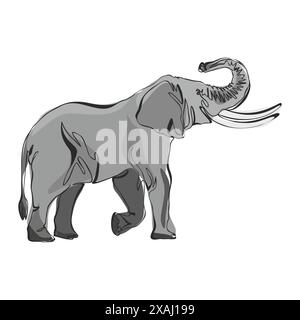 Mignon éléphant gris debout isolé sur fond blanc. Animal sauvage avec de grandes oreilles, un long tronc et une longue queue. Conception vectorielle plate Illustration de Vecteur