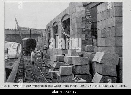 TYPE DE CONSTRUCTION ENTRE LE PETIT PONT ET LE PONT PRÉPARÉ MICHEL. EXTRAIT DE L'ARTICLE LE NOUVEAU TERMINAL DE LA VOIE FERRÉE D'ORLÉANS AU QUAI DORSAY. Par Jacques Boyer. Tiré de l'Engineering Magazine consacré au progrès industriel volume XVII 1899 The Engineering Magazine Co Banque D'Images