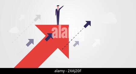 Nouvelles possibilités, espoir, rêves - réalisations d'affaires, solutions trouver concept - homme debout sur une flèche Big Up montrant la voie - Vector Illustrat Illustration de Vecteur
