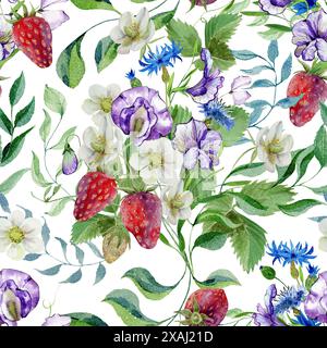 pois doux et fleurs de bleuet dans un bouquet avec des fraises mûres, des bourgeons et du feuillage, sans couture Banque D'Images