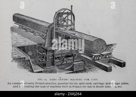 MACHINE DE SCIAGE A BANDE POUR GRUMES. Un exemple de pratique française précoce, particulière pour son chariot à crémaillère fendue et sa plaque de calibrage, et illustrant le type de machine construite en France pour une utilisation en Amérique du Sud, etc. De l'article LE DÉVELOPPEMENT DES MACHINES À BOIS. Par John Richards. Tiré de l'Engineering Magazine consacré au progrès industriel volume XVII 1899 The Engineering Magazine Co Banque D'Images