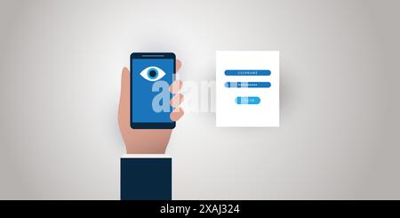 Reconnaissance faciale, connexion, authentification faciale de l'utilisateur pour un site Web ou un service en ligne - symbole visuel sur un écran de smartphone - Surveill illégal Illustration de Vecteur