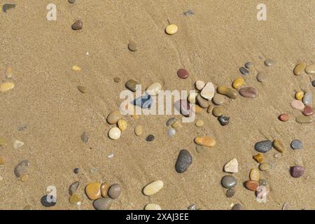 gros plan photo plate d'une plage de sable humide avec de petites pierres colorées Banque D'Images