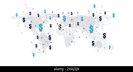 Connexions financières mondiales, banque en ligne, transfert d'argent numérique - structure de réseau d'entreprise, connexion, échange de données, coopération, Technol Illustration de Vecteur