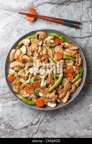 Moo Goo Gai Pan est un plat chinois classique composé de morceaux de poulet et de champignons avec des légumes croquants en gros plan sur l'assiette sur la table. Vertical haut v Banque D'Images