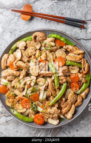 Moo goo gai pan est un classique américano-chinois un copieux mélange de poulet et de champignons en gros plan sur l'assiette sur la table. Vue de dessus verticale Banque D'Images