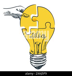 Puzzle en forme d'ampoule de jonction de main humaine. Personne résolvant le problème de connexion des pièces de scie sauteuse. Idée réussie et concept de démarrage d'entreprise. Vecteur h Illustration de Vecteur