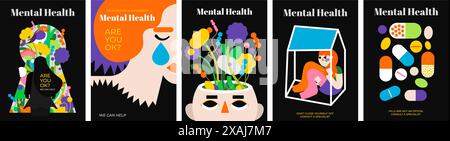 Une collection d'affiches sur la santé mentale, l'épuisement émotionnel, la solitude, la dépression, les sautes d'humeur. Journée mondiale de la santé mentale. Illustration de Vecteur