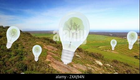 Les ampoules flottantes avec des illustrations d'arbres symbolisent la durabilité et l'énergie écologique Banque D'Images