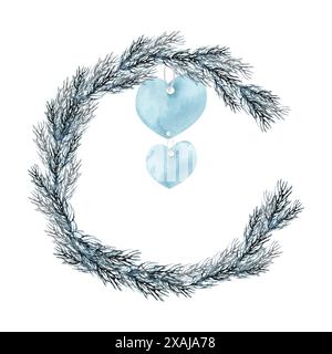 Couronne de Noël d'hiver avec branches de pin et illustration aquarelle de jouets décoratifs en forme de coeur du nouvel an. Invitation de fête de nouvel an dessinée à la main, voiture Banque D'Images