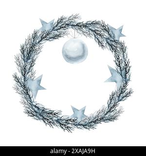 Couronne d'arbre de pin d'hiver de Noël avec étoiles et boule décorative d'arbre en illustration aquarelle monochrome bleue. Cadre dessiné à la main, température de la carte de voeux Banque D'Images