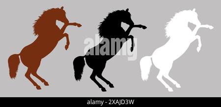 Silhouette noire, blanche et marron d'un cheval arabe en élevage. Dessin équin. Banque D'Images