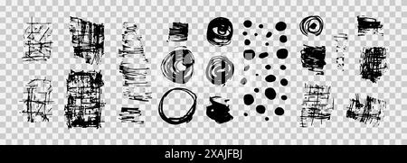 Ensemble de griffonnages dessinés à la main et cercles grungy. Brosses grunge, arrière-plans, textures sales et traits pour le design. Éléments artistiques aux bords irréguliers Illustration de Vecteur